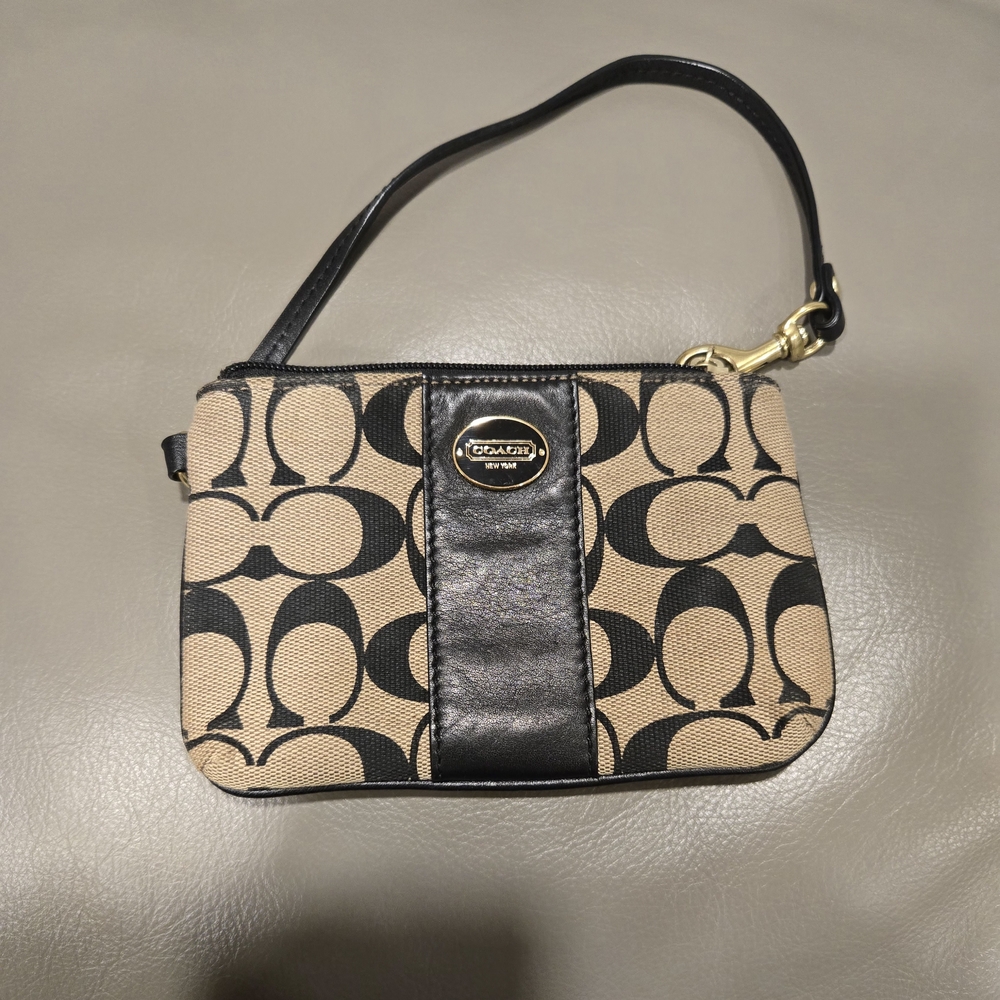 Coach Tan and Black Signature Wristlet